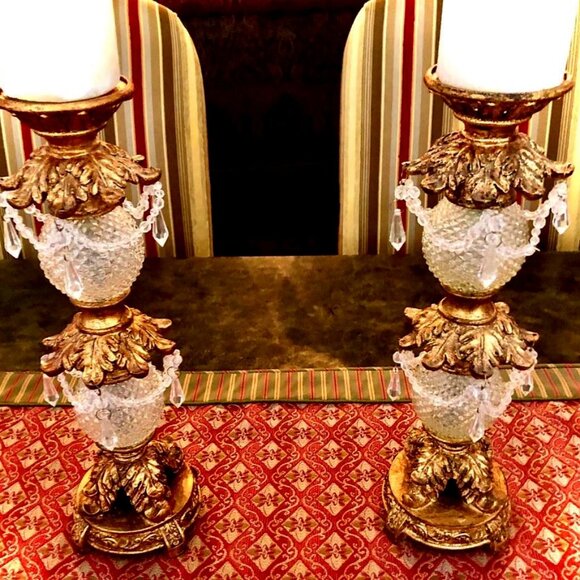 NWT ALEXANDRA'S ACCENTS Pair Antique Gold Cut Crystal Pillar Candle Holders 15" - Picture 6 of 10